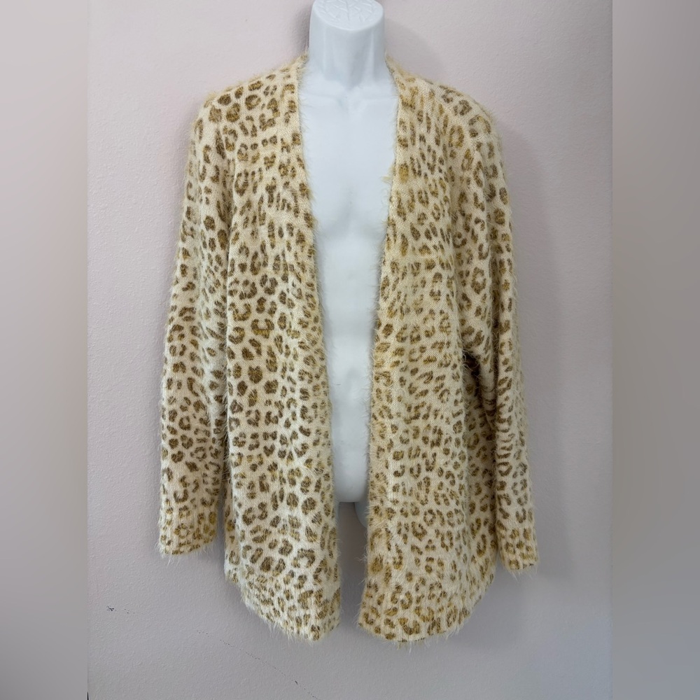 PEYTON PRIMROSE Wicked Soft Cream & Brown Leopard Buttonless Cardigan Size 2X